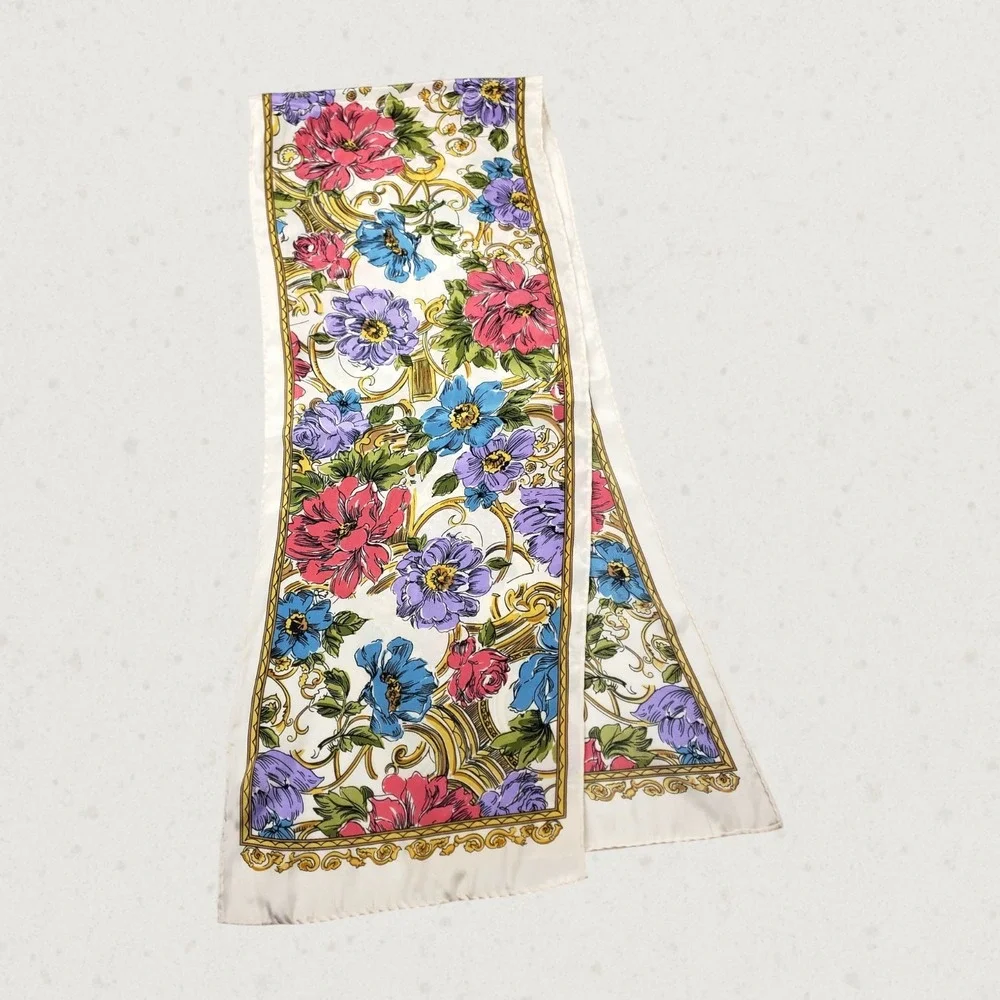 Vintage Style Floral Baroque Oblong Scarf Cream Pink Blue Gold Silk Feel Long